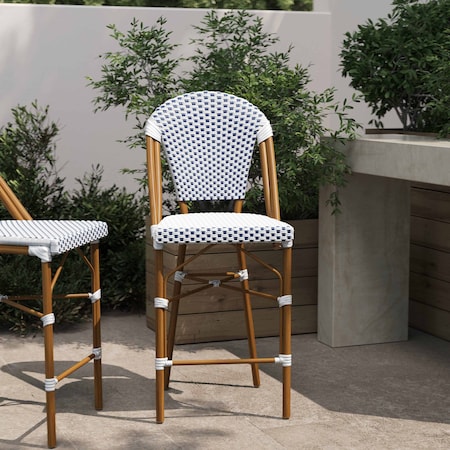 Flash Furniture Lourdes Stackable IndoorOutdoor French Bistro 26 Counter Height Stool, WhiteNavy and Bamboo SDA-AD642001-F-CS-WHNVY-NAT-GG